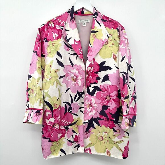 Coldwater Creek Blazer Jacket‎ Size 2X Floral Linen Silk Open Front 3/4 Sleeve - Picture 1 of 14